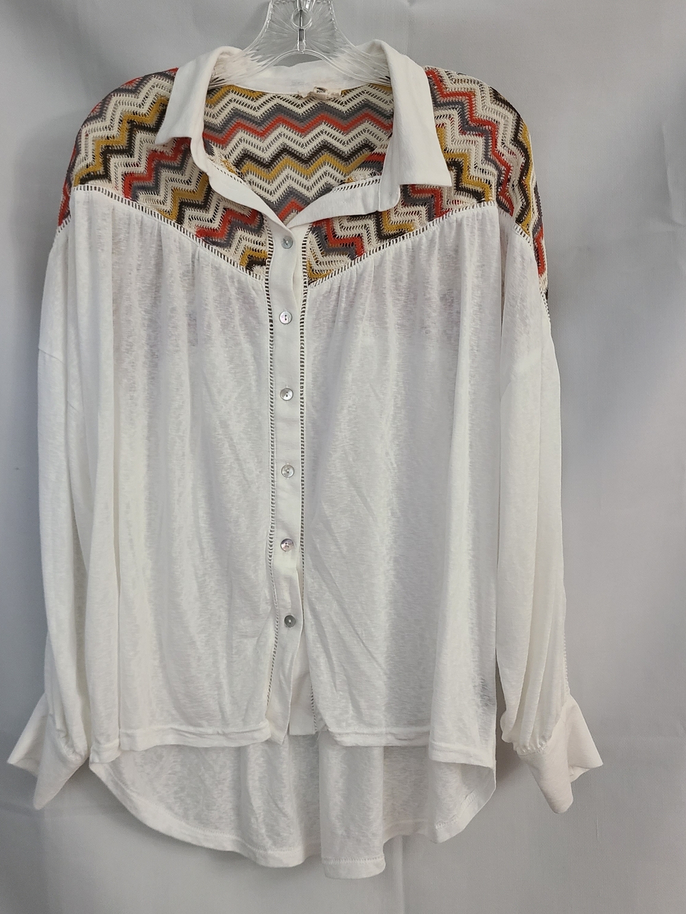 POL Sz S White Multicolor Crochete Zigzag Yoke Oversized Boho Button Down Blouse